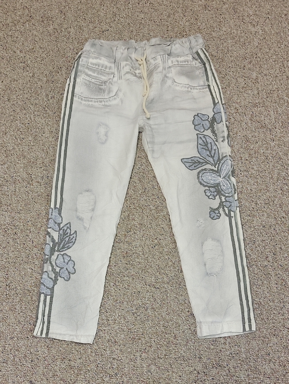 Angela Mara Light Gray Floral Drawstring Lightweight Pants Boutique Sz Medium